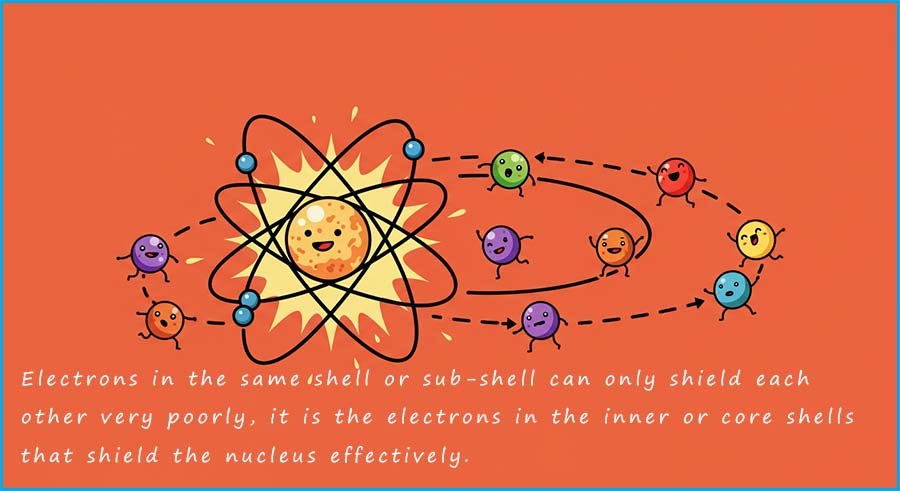 Infographic showing that it is the inner electrons that shield the nucleus, the outer valence electrons do not shield each other effectively.